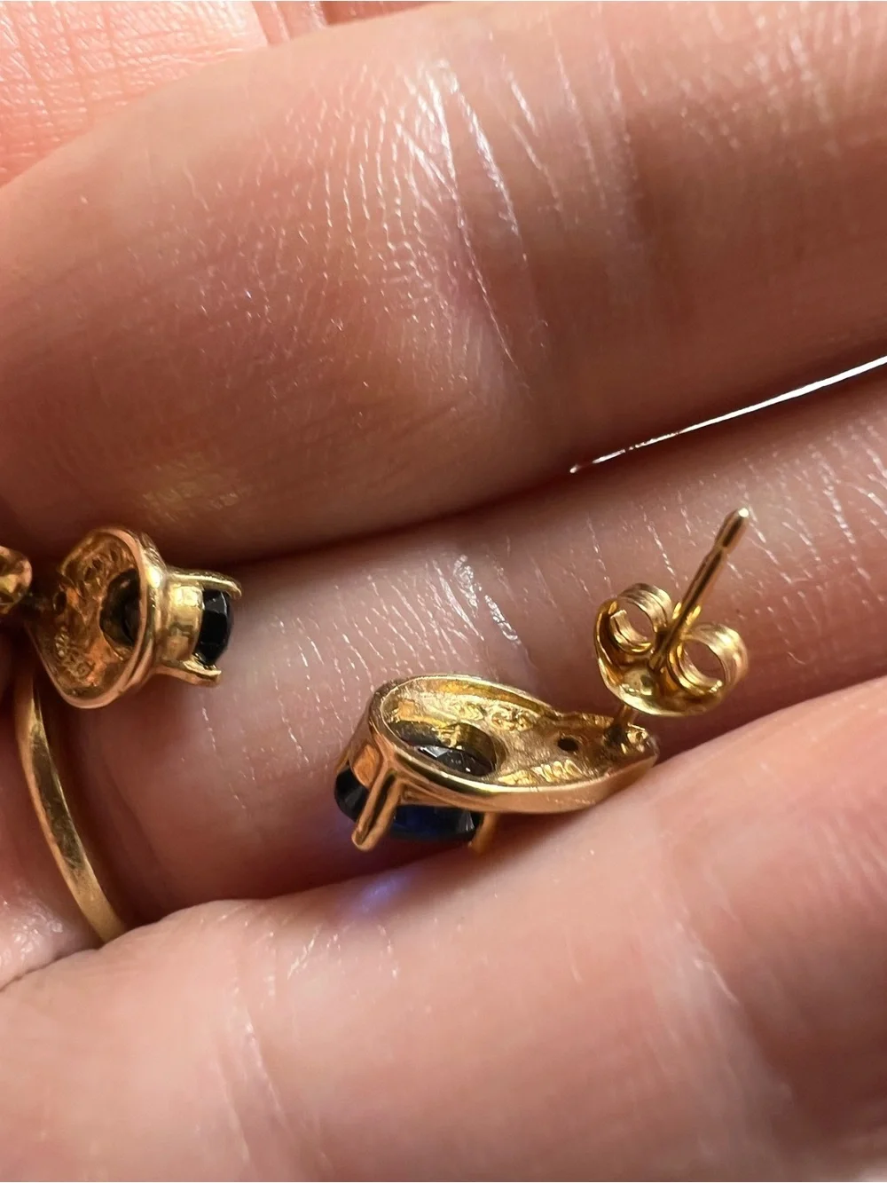 10K Gold Blue Sapphire Oval Stud Earrings with CZ Accent